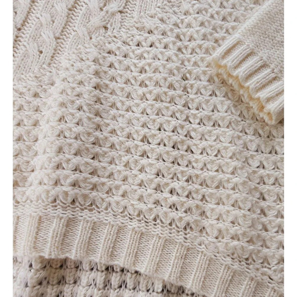 Lucky Brand Ivory Cable Knit Open Stitch Sweater Sz M Wool Blend High Low Boho - Picture 3 of 10
